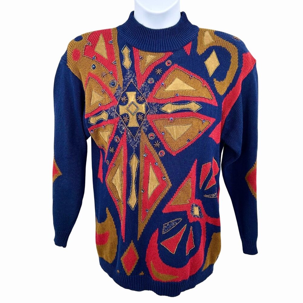 VINTAGE 1992 I.B. DIFFUSION COLORFUL KNIT BEAD SEQUINS MOCK NECK SWEATER - S